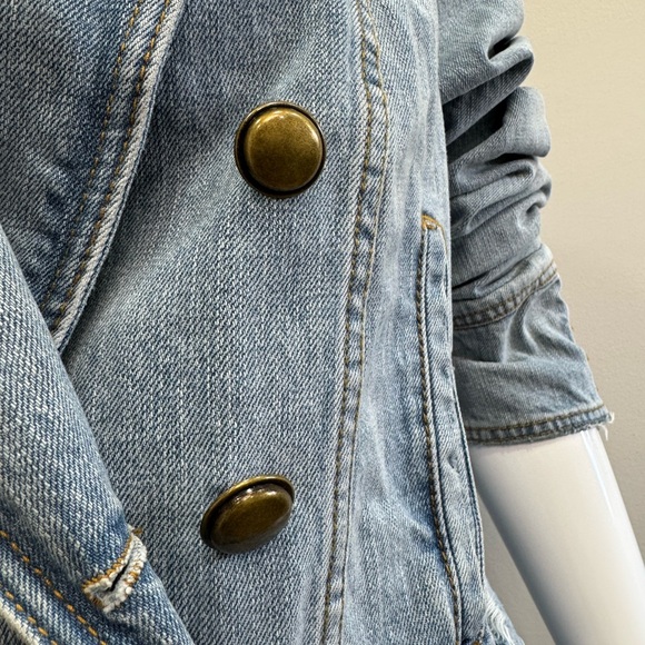 Free People Double-Breasted Military Moto Light Blue Denim Jean Jacket Band - Picture 6 of 9